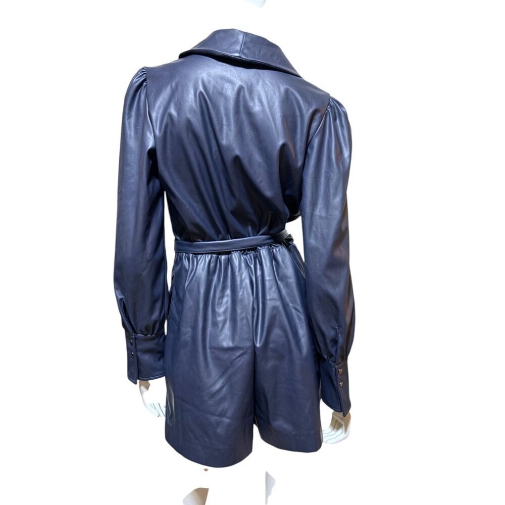 BCBG Slate Blue Faux Leather Long Sleeve Romper M Wrap Moto Luxe Biker Rave - Picture 6 of 11